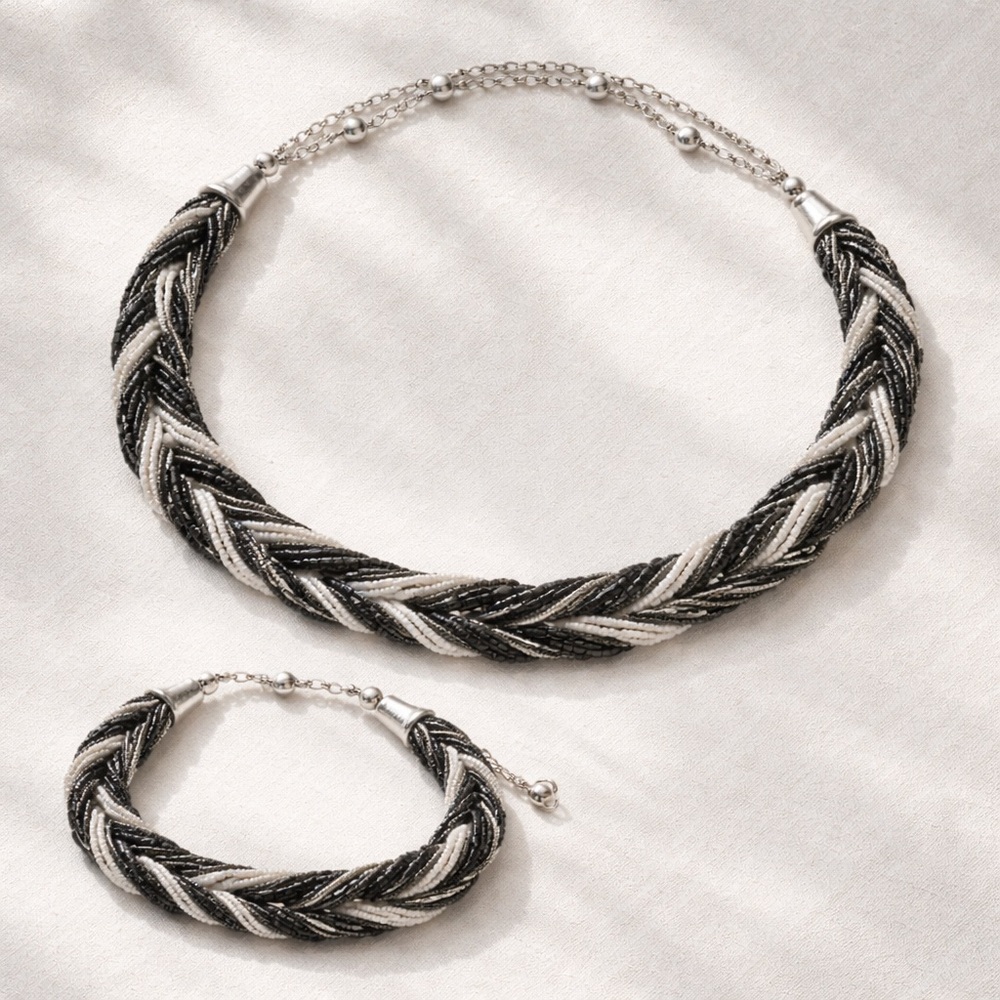Black White Silver Gray Braided Seed Bead Statement Necklace Bracelet Set Cones - Picture 12 of 12